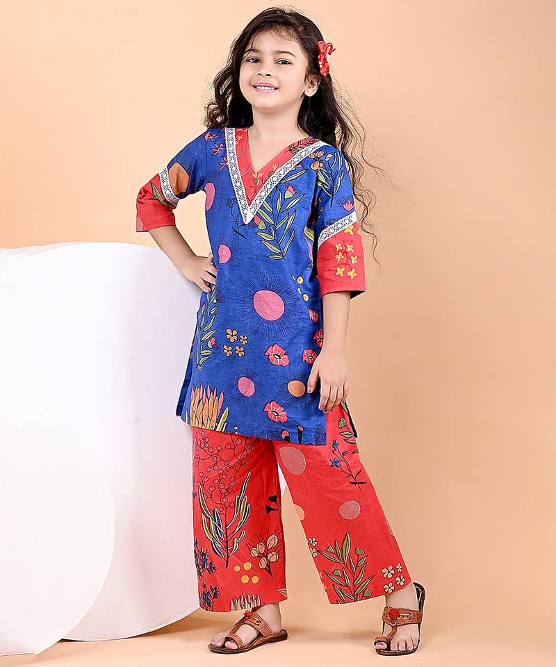 Royal blue floral printed cotton kurti set