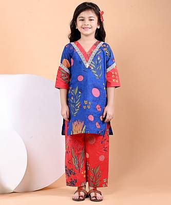 Royal blue floral printed cotton kurti set 2