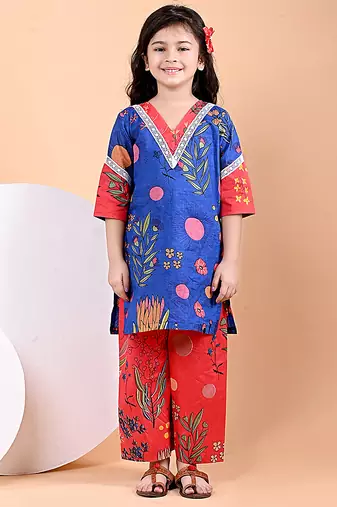 Royal blue floral printed cotton kurti set