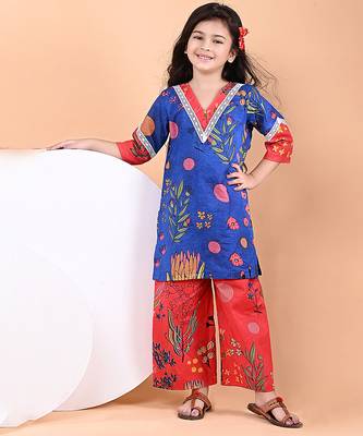 Royal blue floral printed cotton kurti set 3