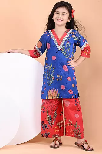 Royal blue floral printed cotton kurti set
