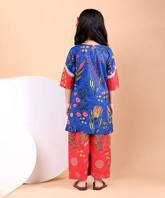 Royal blue floral printed cotton kurti set 4