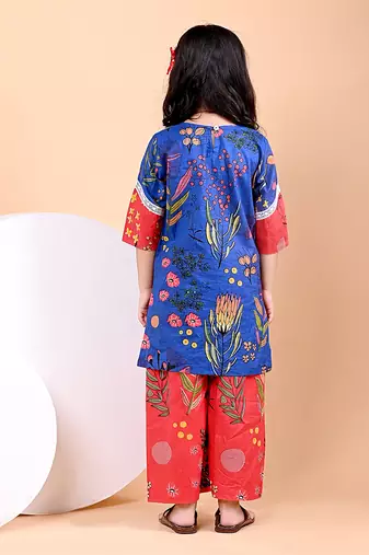 Royal blue floral printed cotton kurti set