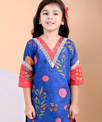 Royal blue floral printed cotton kurti set 5