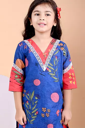 Royal blue floral printed cotton kurti set