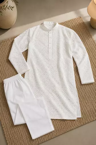 White color white embroidery thread work with multi sequence silk men's kurta payjama set