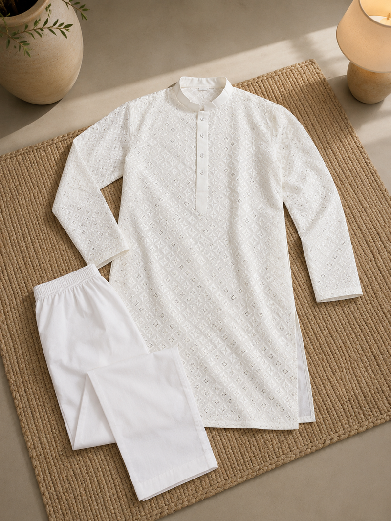 White color white embroidery thread work with multi sequence silk men's kurta payjama set