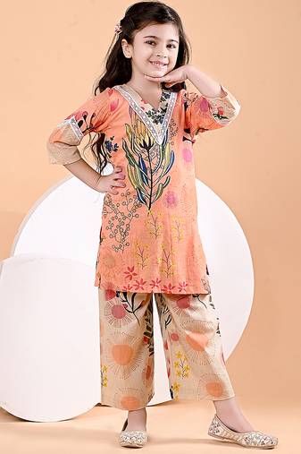 Peach orange floral printed cotton kurti set