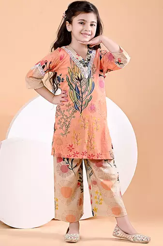 Peach orange floral printed cotton kurti set