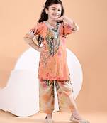 Peach orange floral printed cotton kurti set