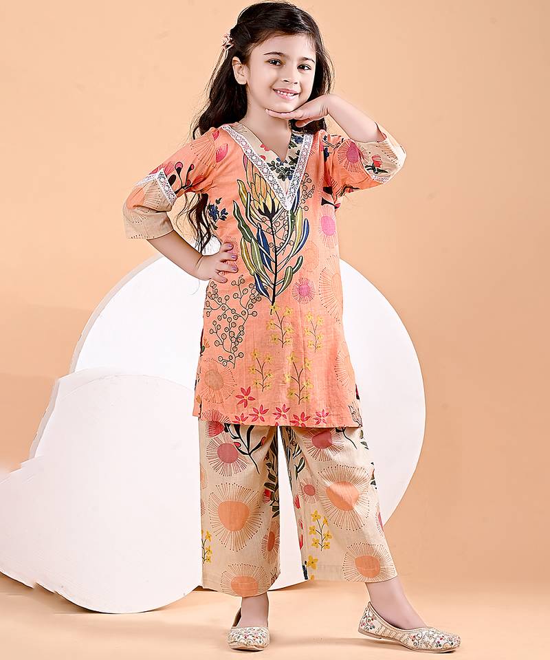 Peach orange floral printed cotton kurti set