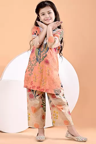 Peach orange floral printed cotton kurti set