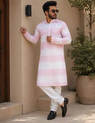 Pink color embroidery work & shading print cotton men's kurta payjama set 1