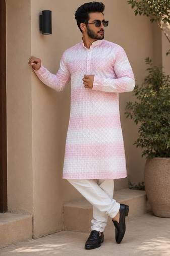 Pink color embroidery work & shading print cotton men's kurta payjama set