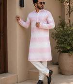 Pink color embroidery work & shading print cotton men's kurta payjama set