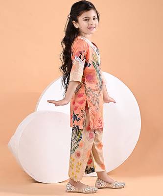 Peach orange floral printed cotton kurti set 3