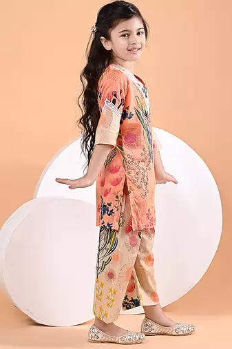 Peach orange floral printed cotton kurti set