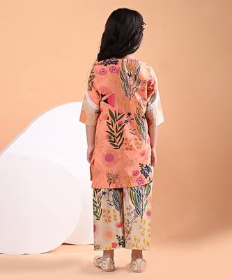 Peach orange floral printed cotton kurti set 4