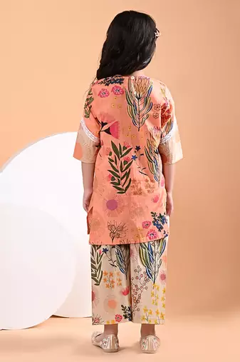 Peach orange floral printed cotton kurti set
