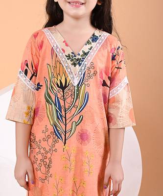 Peach orange floral printed cotton kurti set 5