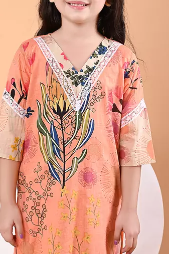 Peach orange floral printed cotton kurti set
