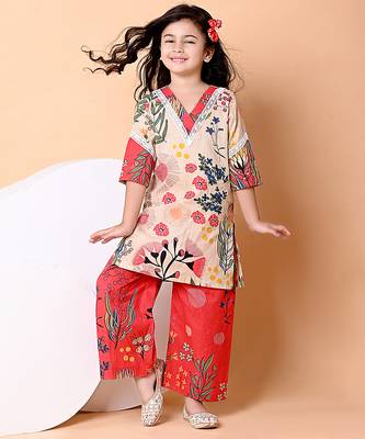 Beige red floral printed cotton kurti set 1