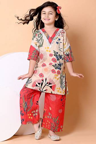 Beige red floral printed cotton kurti set