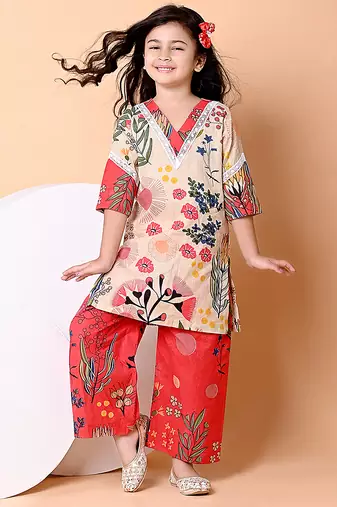 Beige red floral printed cotton kurti set