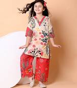 Beige red floral printed cotton kurti set