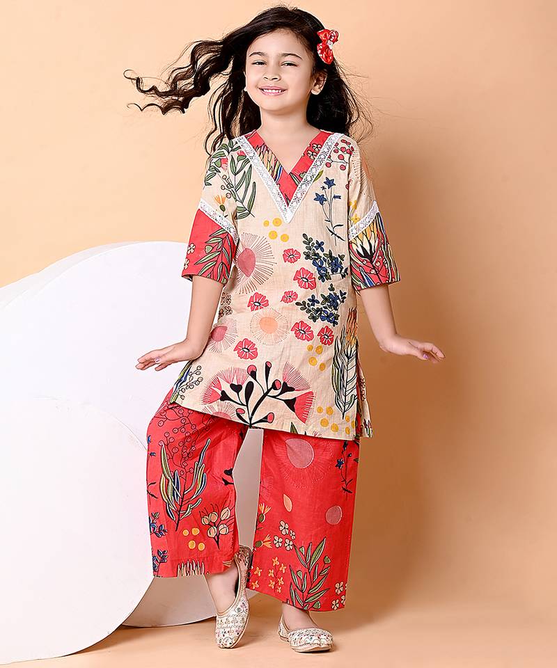 Beige red floral printed cotton kurti set