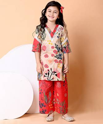 Beige red floral printed cotton kurti set 2