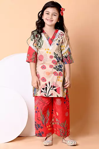 Beige red floral printed cotton kurti set