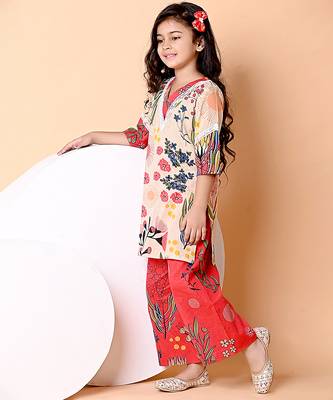 Beige red floral printed cotton kurti set 3