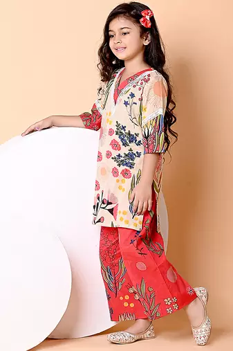 Beige red floral printed cotton kurti set