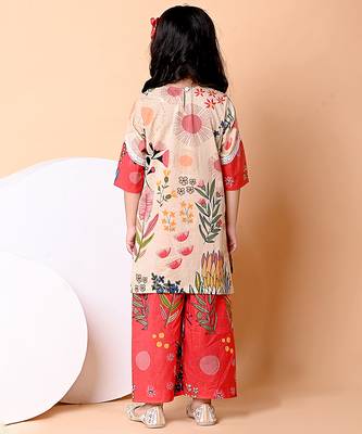 Beige red floral printed cotton kurti set 4