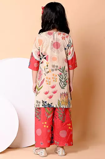 Beige red floral printed cotton kurti set