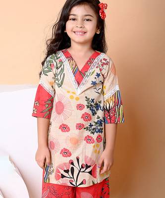 Beige red floral printed cotton kurti set 5