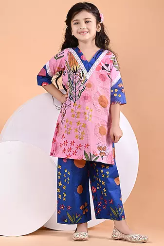 Pink blue floral printed cotton kurti set