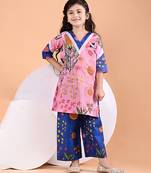 Pink blue floral printed cotton kurti set