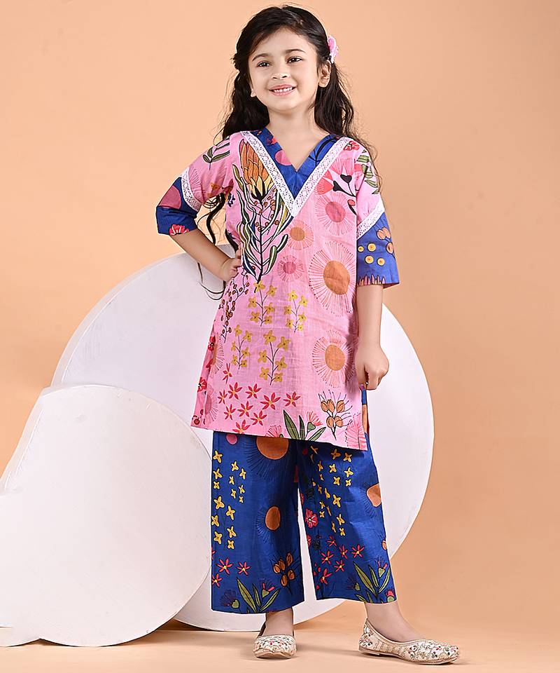 Pink blue floral printed cotton kurti set