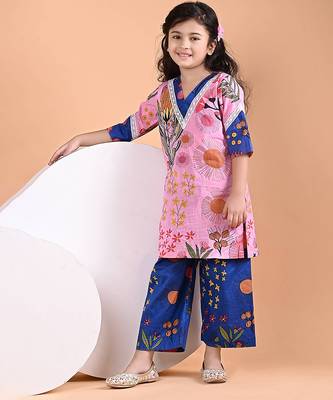 Pink blue floral printed cotton kurti set 2