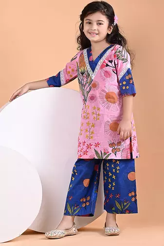 Pink blue floral printed cotton kurti set
