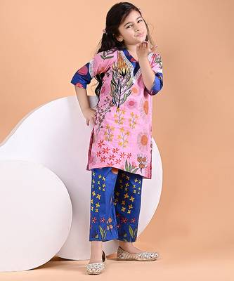 Pink blue floral printed cotton kurti set 3