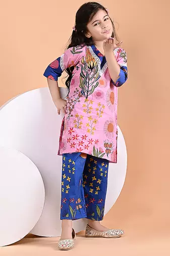 Pink blue floral printed cotton kurti set
