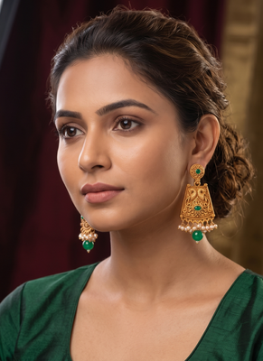 Traditional indian gold  plated with  green  stones earrings 2