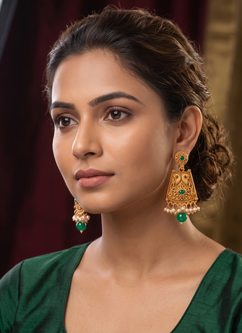 Traditional indian gold  plated with  green  stones earrings