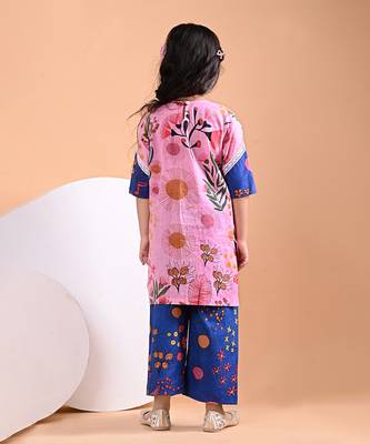 Pink blue floral printed cotton kurti set 4