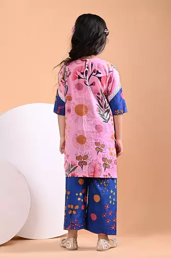 Pink blue floral printed cotton kurti set