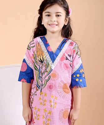 Pink blue floral printed cotton kurti set 5