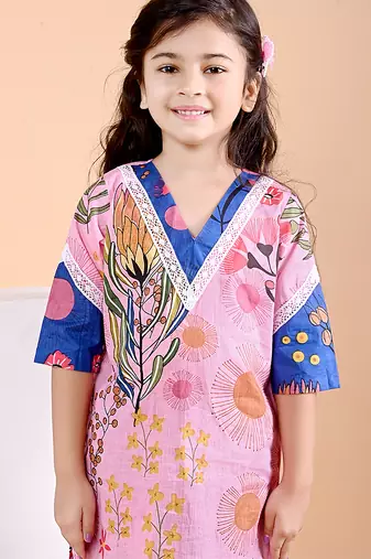Pink blue floral printed cotton kurti set